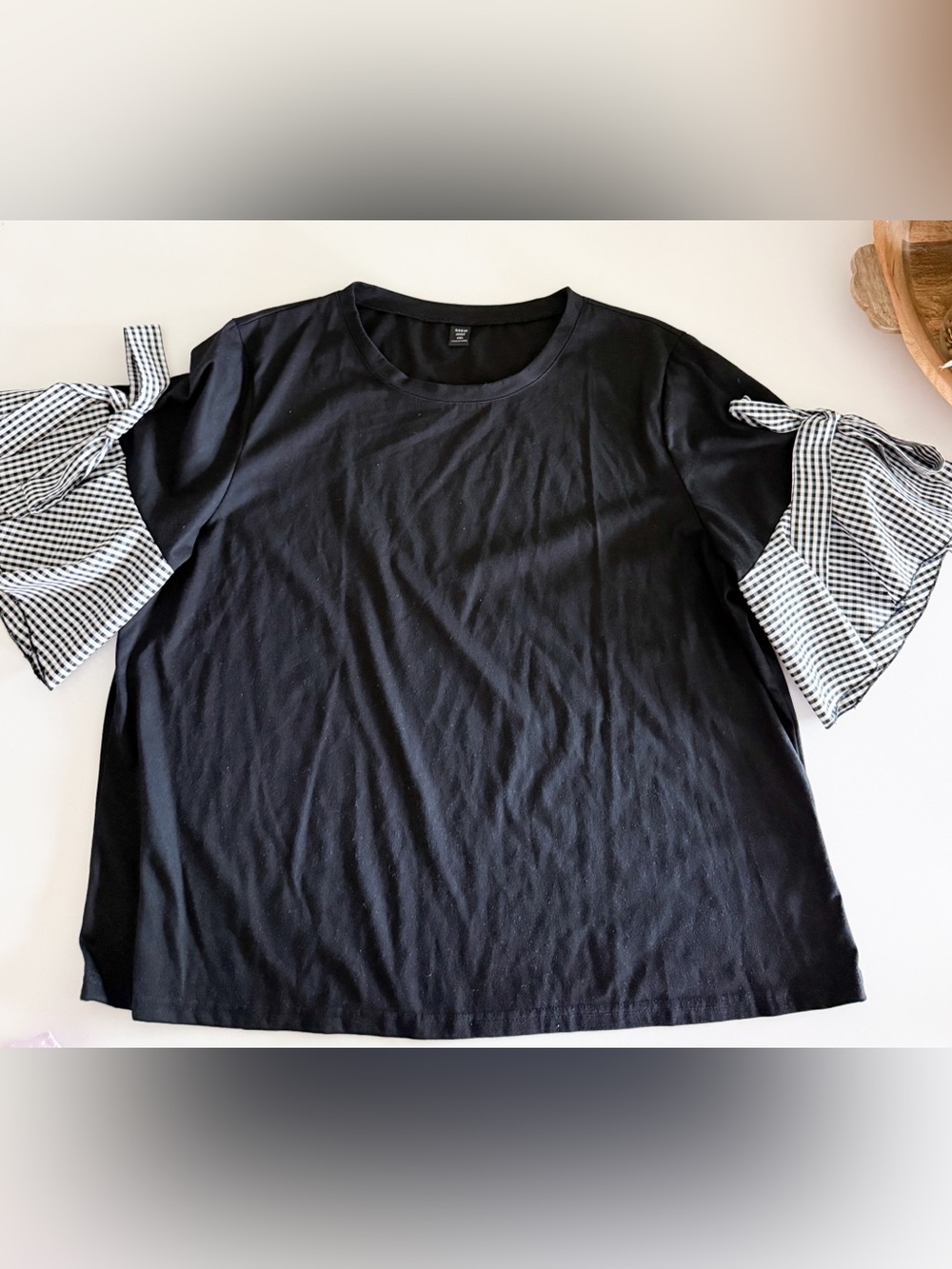 Black Tee with Gingham Tie Sleeves